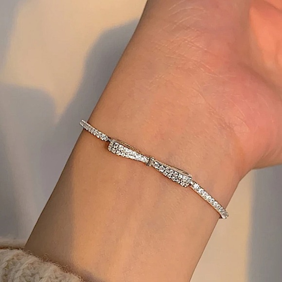 Silver Bracelet, Bow Tie Bracelet, Bowknot Bracelet, Cubic Zirconia, Anniversary - Picture 5 of 16